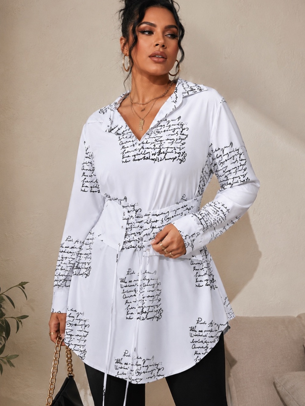 SHEIN White Script Print Tie Waist Blouse Tunic Top Long Sleeve | 0XL
